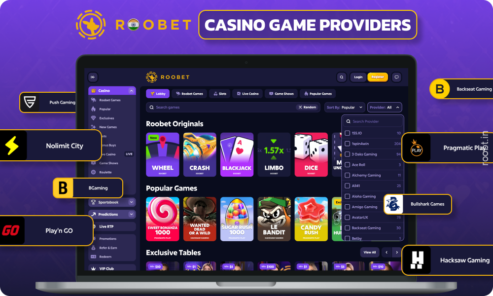 The Roobet casino catalog features games from leading licensed providers