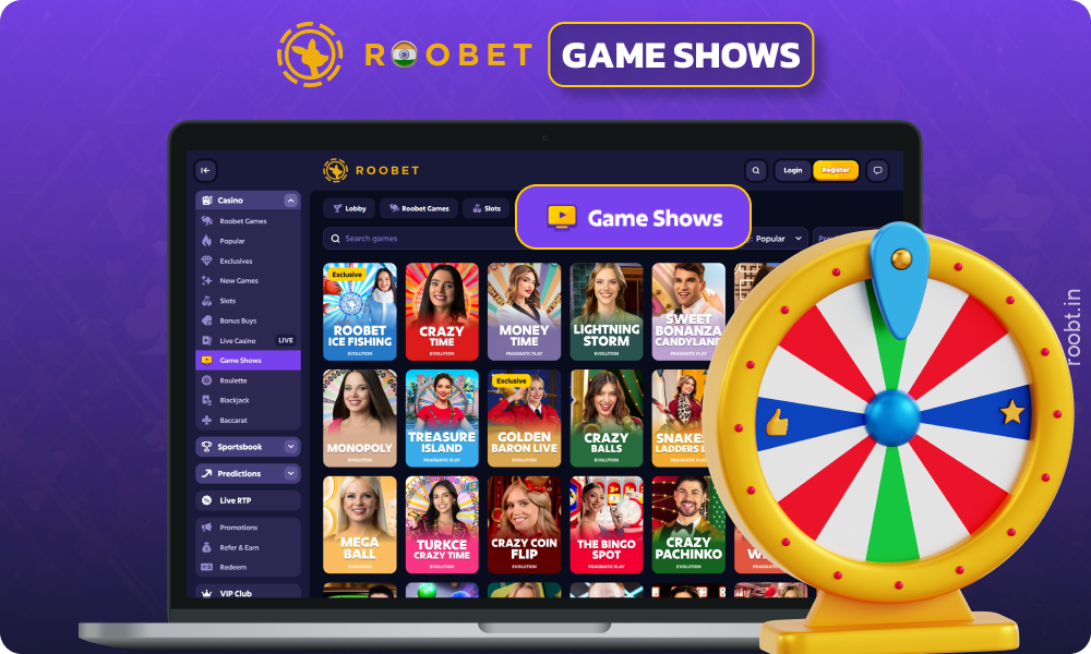 Roobet Casino offers game shows such as Crazy Time, Monopoly Live, Mega Ball, and more